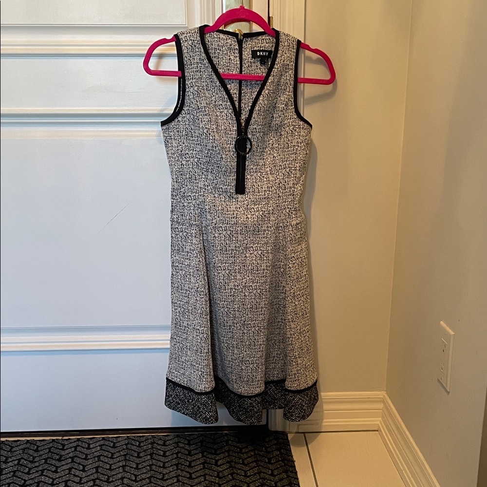 DKNY.   Black and White Textured Midi Dress